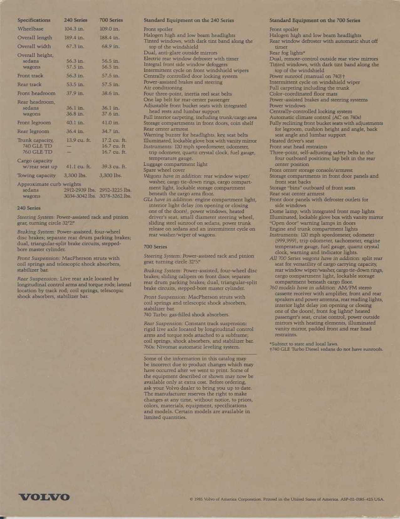 1985 Volvo Full-Line Brochure Page 1